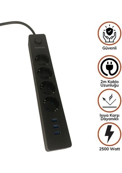 Buffer® Termak Akım Korumalı 4 Priz 3 USB Girişli Uzatma Kablosu Güç&şarj
