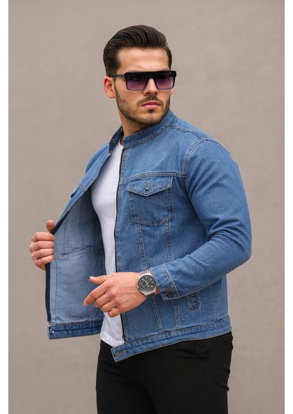 Mavi Renk Fermuarlı Erkek Kot Ceket