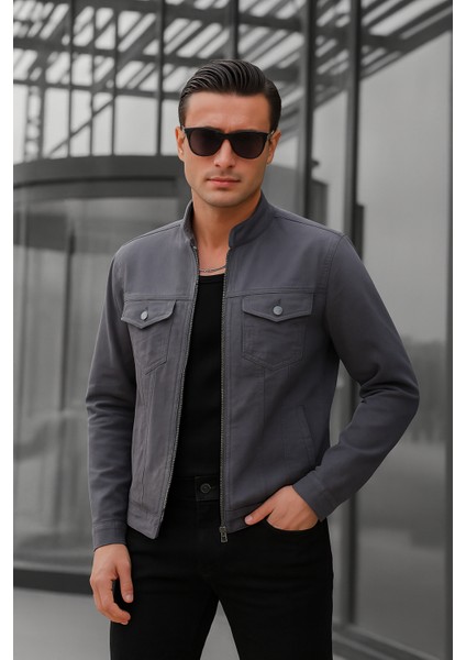 Antrasit Renk Fermuarlı Erkek Kot Ceket
