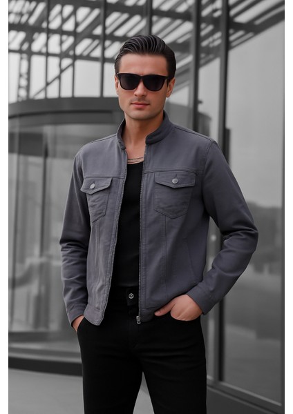 Antrasit Renk Fermuarlı Erkek Kot Ceket
