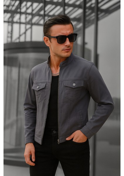 Antrasit Renk Fermuarlı Erkek Kot Ceket