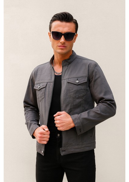 Antrasit Renk Fermuarlı Erkek Kot Ceket