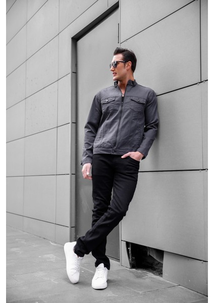 Antrasit Renk Fermuarlı Erkek Kot Ceket