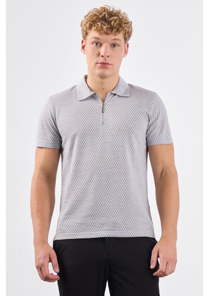 Gri Erkek Slim Fit Baklava Desenli Polo Yaka T-shirt