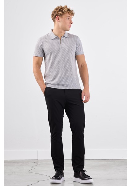 Gri Erkek Slim Fit Baklava Desenli Polo Yaka T-shirt