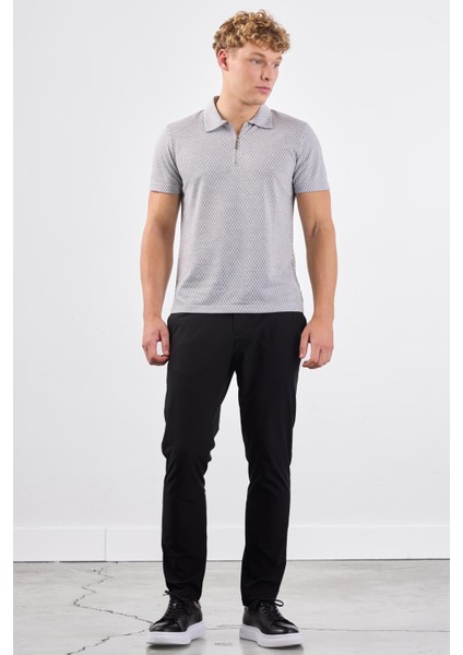 Gri Erkek Slim Fit Baklava Desenli Polo Yaka T-shirt