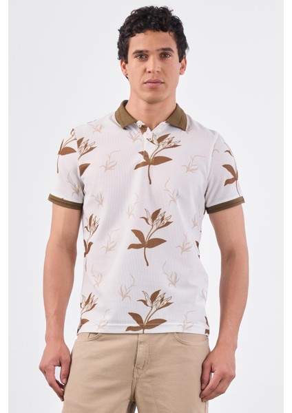 Kahverengi Erkek Slim Fit Çiçek Desenli Casual Polo Yaka T-shirt