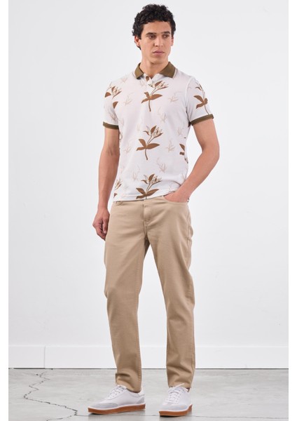 Kahverengi Erkek Slim Fit Çiçek Desenli Casual Polo Yaka T-shirt