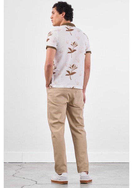 Kahverengi Erkek Slim Fit Çiçek Desenli Casual Polo Yaka T-shirt