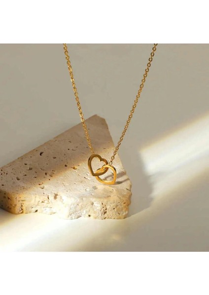 Çelik Kararmaz Ikili Kalp Gümüş Kolye Gold