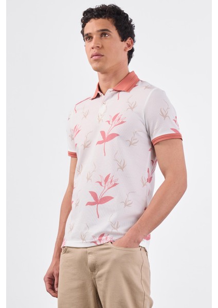 Pudra Erkek Slim Fit Çiçek Desenli Casual Polo Yaka T-shirt