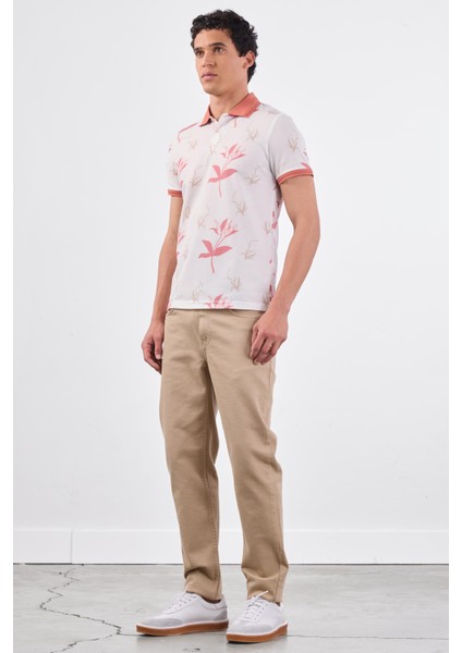 Pudra Erkek Slim Fit Çiçek Desenli Casual Polo Yaka T-shirt
