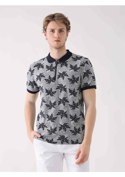 Lacivert Erkek Regular Fit Yaprak Desenli Polo Yaka T-shirt
