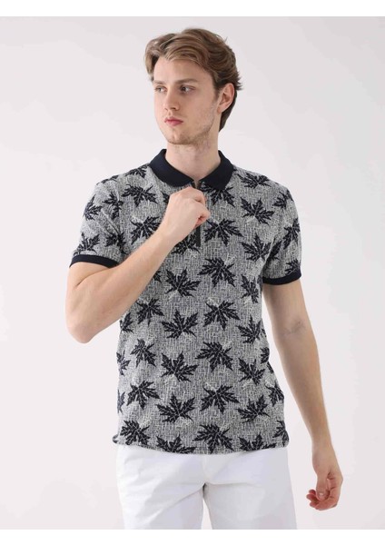 Lacivert Erkek Regular Fit Yaprak Desenli Polo Yaka T-shirt