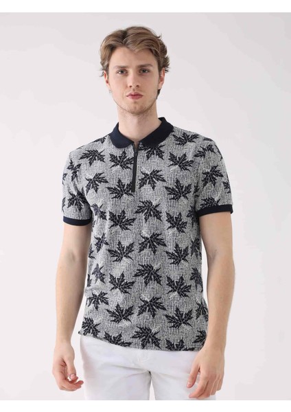 Lacivert Erkek Regular Fit Yaprak Desenli Polo Yaka T-shirt