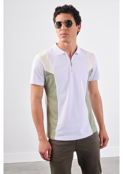 Beyaz Erkek Slim Fit Düz Polo Yaka T-shirt