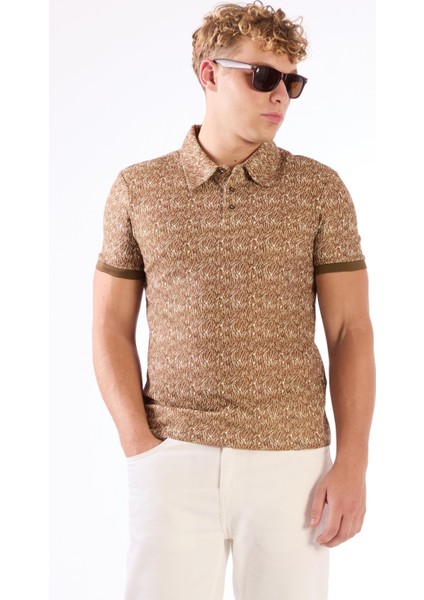 Kahverengi Erkek Ekstra Slim Fit Desenli Casual Polo Yaka T-shirt
