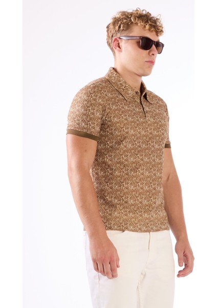 Kahverengi Erkek Ekstra Slim Fit Desenli Casual Polo Yaka T-shirt