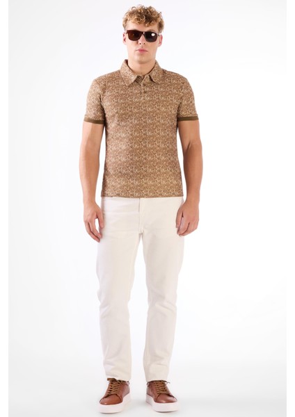 Kahverengi Erkek Ekstra Slim Fit Desenli Casual Polo Yaka T-shirt