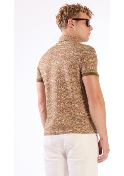 Kahverengi Erkek Ekstra Slim Fit Desenli Casual Polo Yaka T-shirt