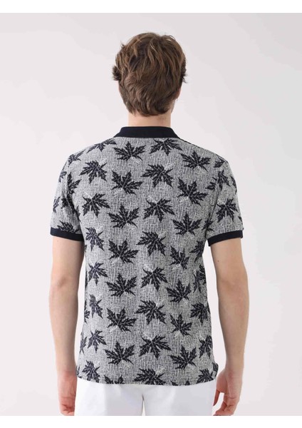 Lacivert Erkek Regular Fit Yaprak Desenli Polo Yaka T-shirt