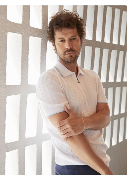 Beyaz Erkek Slim Fit Fitilli Fermuarlı Polo Yaka Triko
