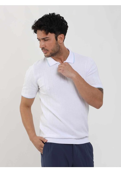 Beyaz Erkek Slim Fit Fitilli Fermuarlı Polo Yaka Triko