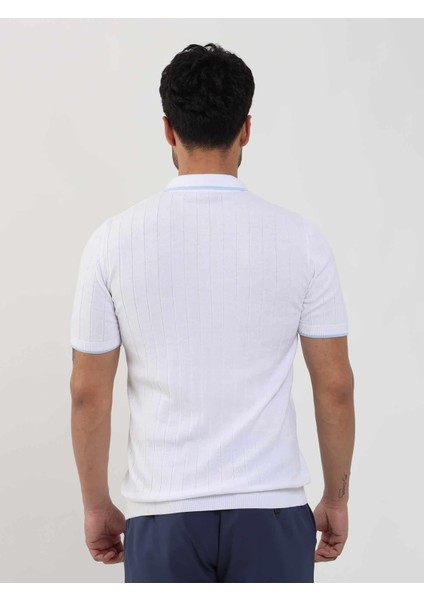 Beyaz Erkek Slim Fit Fitilli Fermuarlı Polo Yaka Triko