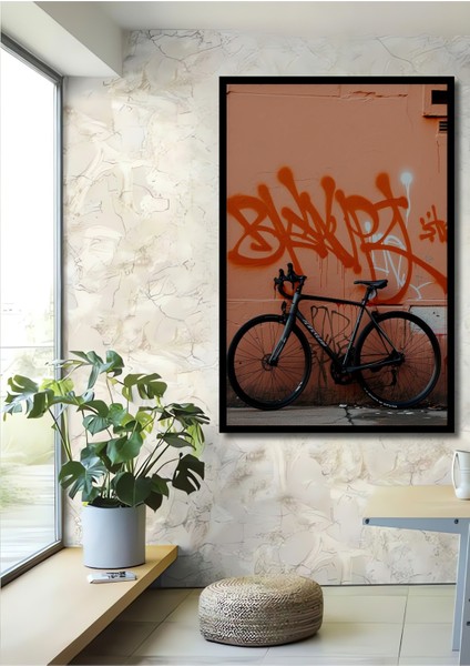 Çerçeve Görünümlü Turuncu Duvar Önünde Bisiklet Modern Sanat Işyeri/ofis Dekoratif Ahşap Kare Tablo