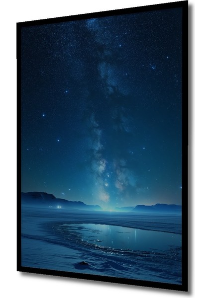 Çerçeve Görünümlü Yıldızlar Altında Buz Gölü Yağlı Boya Görünümlü Dekoratif Ahşap Ofis Kare Tablo fiyatları