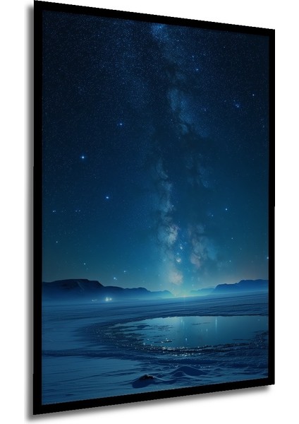 Çerçeve Görünümlü Yıldızlar Altında Buz Gölü Yağlı Boya Görünümlü Dekoratif Ahşap Ofis Kare Tablo modelleri