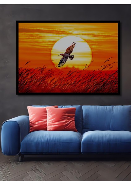 Çerçeve Görünümlü Gün Batımında Uçan Kuş Yağlı Boya Görünümlü Dekoratif Ahşap Ofis Kare Tablo