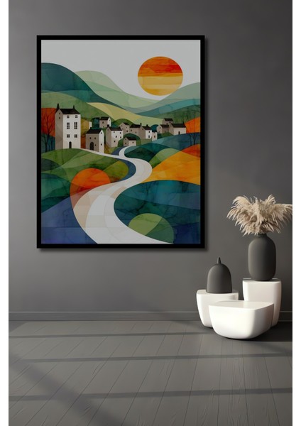 Çerçeve Görünümlü Sulu Boya Görünümlü Modern Köy Manzarası Dekoratif Ahşap Işyeri/ofis Kare Tablo