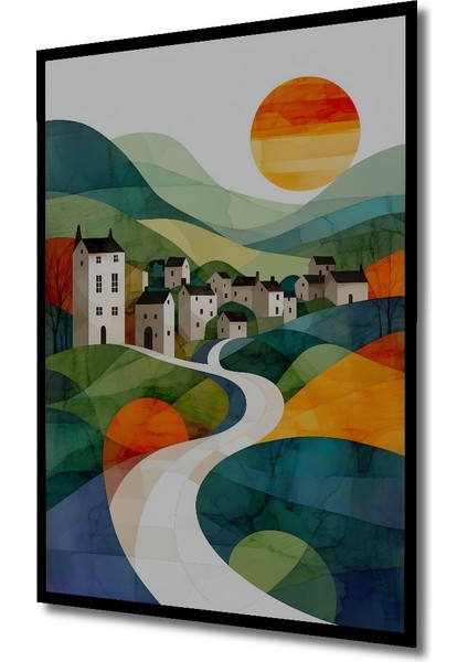 Çerçeve Görünümlü Sulu Boya Görünümlü Modern Köy Manzarası Dekoratif Ahşap Işyeri/ofis Kare Tablo fiyatları