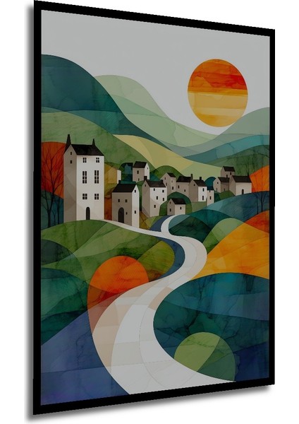 Çerçeve Görünümlü Sulu Boya Görünümlü Modern Köy Manzarası Dekoratif Ahşap Işyeri/ofis Kare Tablo modelleri