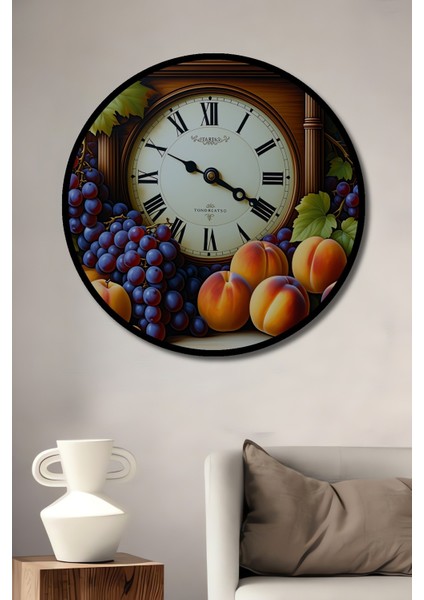 Çerçeve Görünümlü Dekoratif Ahşap Saatli Üzüm ve Şeftali Yağlı Boya Görünümlü Ofis Yuvarlak Tablo
