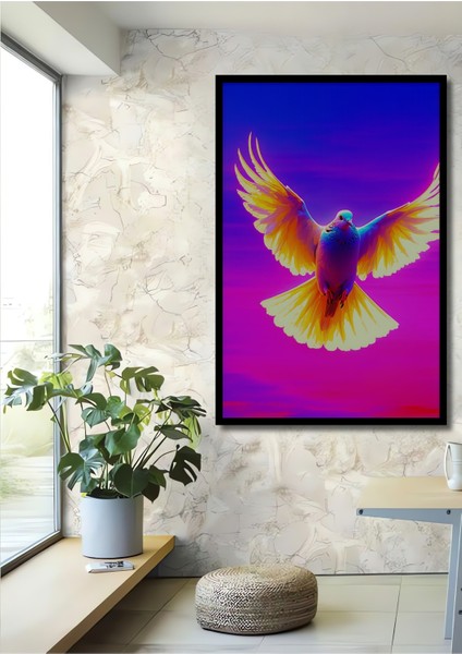 Çerçeve Görünümlü Neon Renklerde Özgürlük Güvercini Yağlı Boya Görünümlü Ahşap Ofis Kare Tablo
