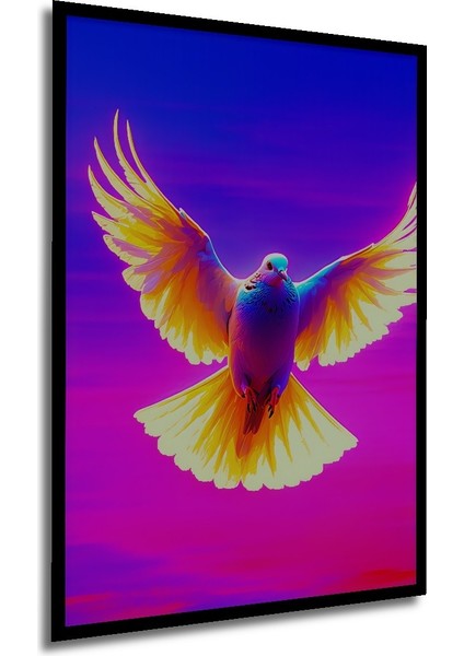 Çerçeve Görünümlü Neon Renklerde Özgürlük Güvercini Yağlı Boya Görünümlü Ahşap Ofis Kare Tablo modelleri