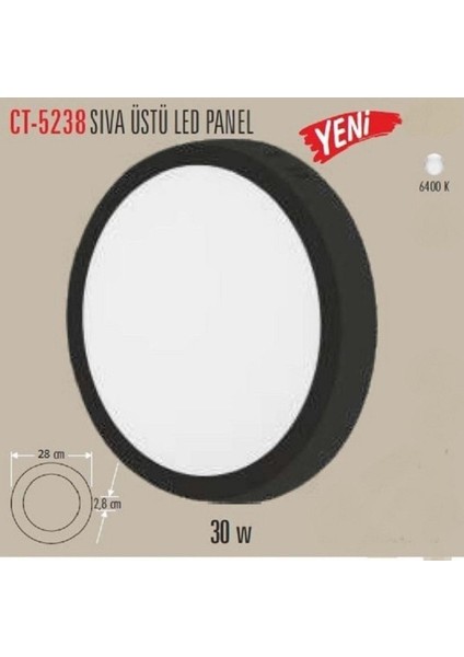 Ekim Aydınlatma Cata 30 Watt Sıva Üstü Yuvarlak Panel LED Armatür CT-5238 Alüminyum Siyah Kasa Beyaz Işık Ev Ofis Iç Mekan Için Uygundur