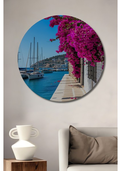 Ege Sahili Begonvil Rüyası Yağlı Boya Görünümlü Dekoratif Ahşap Ev/işyeri/ofis Yuvarlak Tablo