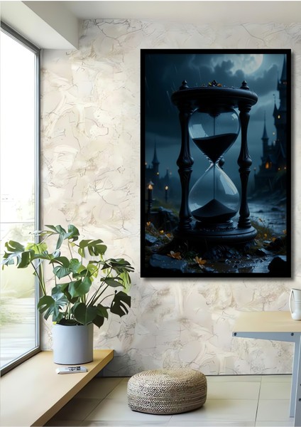 Çerçeve Görünümlü Gotik Kalede Kum Saati Yağlı Boya Görünümlü Ofis Dekoratif Ahşap Kare Tablo