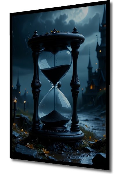 Çerçeve Görünümlü Gotik Kalede Kum Saati Yağlı Boya Görünümlü Ofis Dekoratif Ahşap Kare Tablo fiyatları