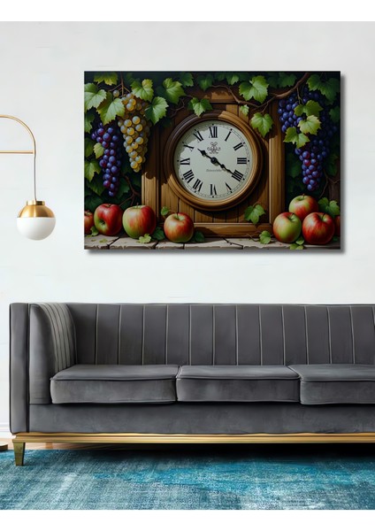 Elma Üzüm Saat Dekoratif Ahşap Yağlı Boya Görünümlü Ev/işyeri/ofis Kare Tablo