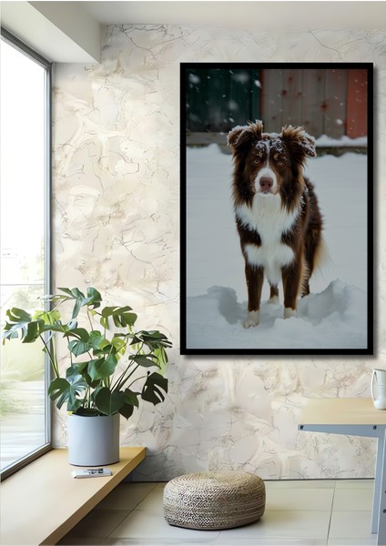 Çerçeve Görünümlü Karda Eğlenen Dost Köpek Yağlı Boya Görünümlü Dekoratif Ahşap Ofis Kare Tablo