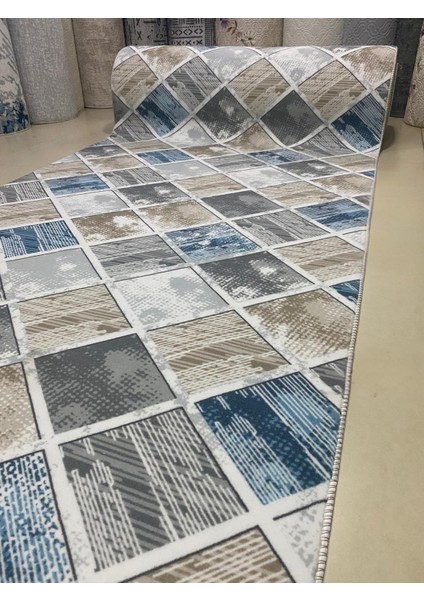 Elit Kahve Mavi Geometrik Desenli Yıkanabilir Kaymaz Taban Kesme Yolluk Halı fiyatları