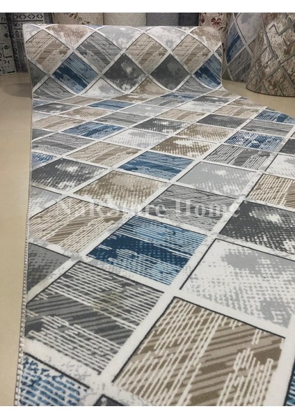 Elit Kahve Mavi Geometrik Desenli Yıkanabilir Kaymaz Taban Kesme Yolluk Halı indirimleri