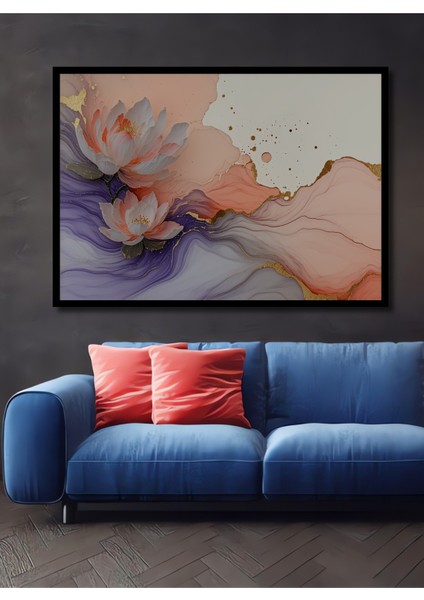 Çerçeve Görünümlü Altın Dokunuşlu Lotus Çiçeği Sulu Boya Görünümlü Dekoratif Ahşap Ofis Kare Tablo