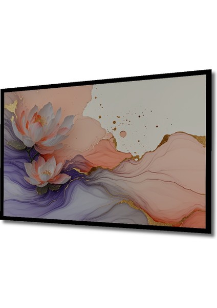 Çerçeve Görünümlü Altın Dokunuşlu Lotus Çiçeği Sulu Boya Görünümlü Dekoratif Ahşap Ofis Kare Tablo fiyatları