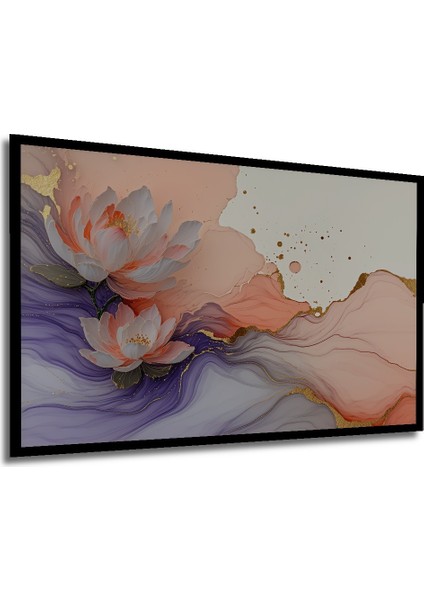 Çerçeve Görünümlü Altın Dokunuşlu Lotus Çiçeği Sulu Boya Görünümlü Dekoratif Ahşap Ofis Kare Tablo modelleri