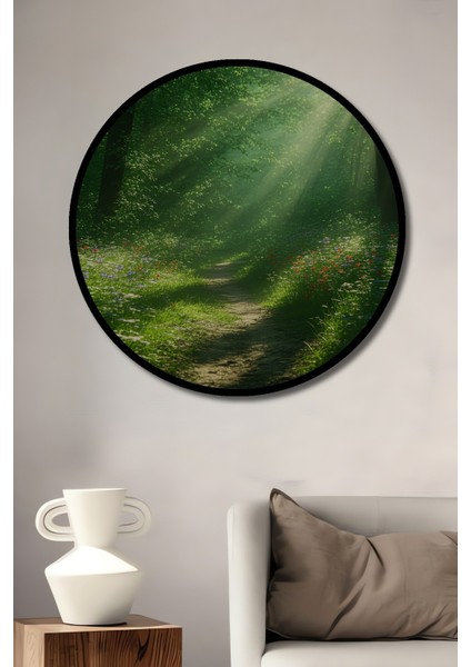 Çerçeve Görünümlü Orman Ihtişamlı Yeşil Yollar Yağlı Boya Görünümlü Ahşap Ofis Yuvarlak Tablo